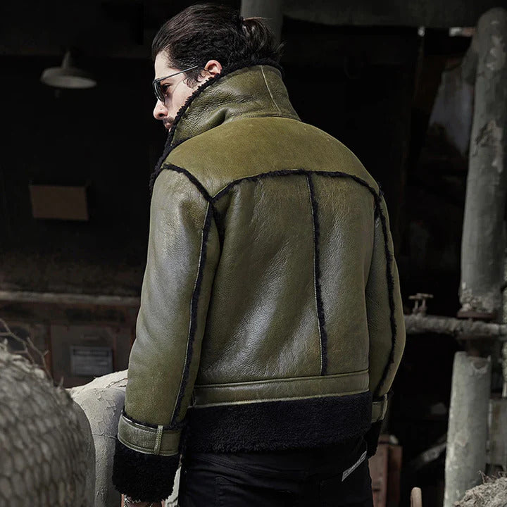 Mens Green Aviator Sheepskin Shearling B3 Bomber Flight Jacket-Men’s B3 aviator bomber jacket in genuine sheepskin leather with thick shearling lining – classic WW2 flight coat style.