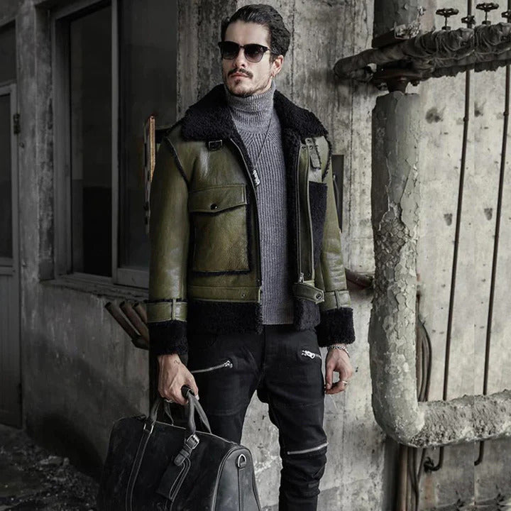 Mens Green Aviator Sheepskin Shearling B3 Bomber Flight Jacket-Men’s B3 aviator bomber jacket in genuine sheepskin leather with thick shearling lining – classic WW2 flight coat style.
