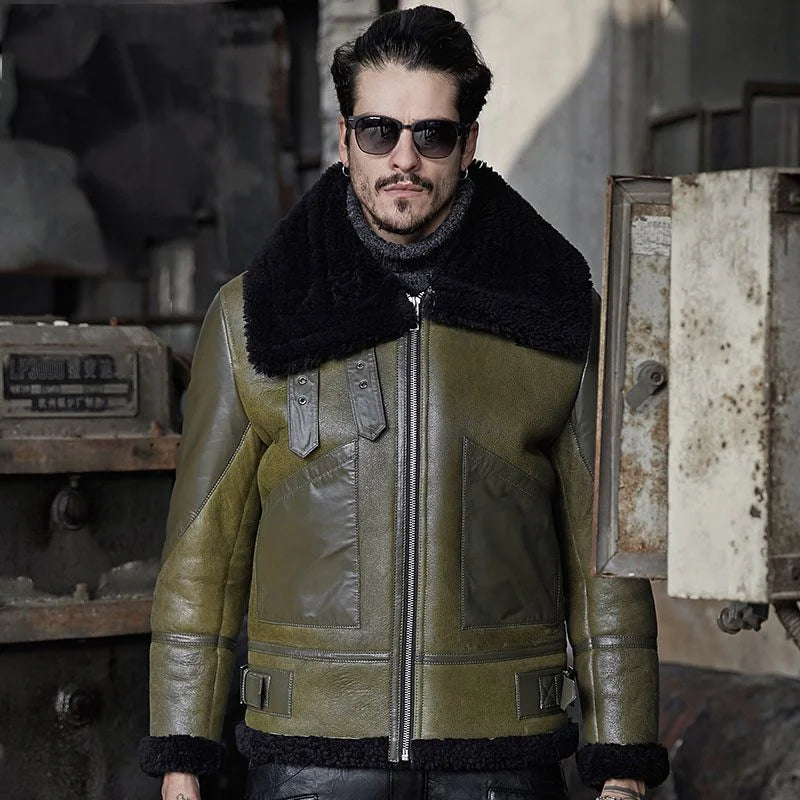 Mens B3 Flight Jacket Shearling Aviator Green Leather Bomber Jacket