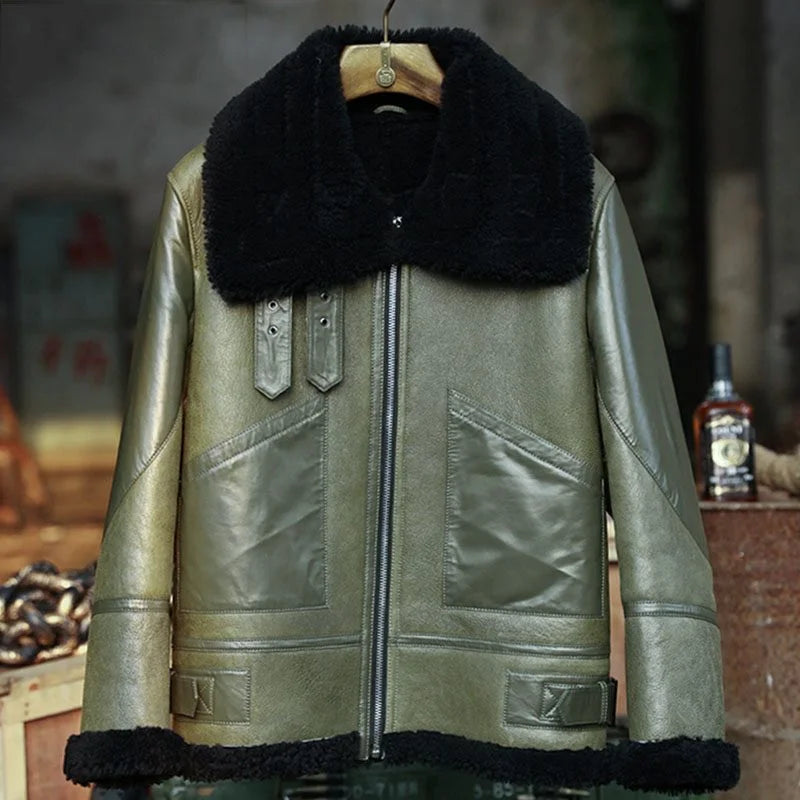 Mens B3 Flight Jacket Shearling Aviator Green Leather Bomber Jacket