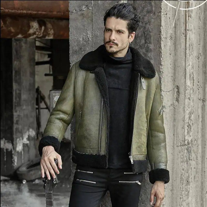 Mens B3 Flight Jacket Shearling Aviator Green Leather Bomber Jacket