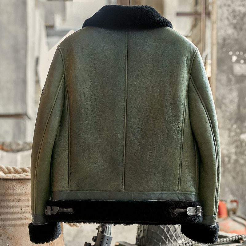 Mens B3 Flight Jacket Shearling Aviator Green Leather Bomber Jacket