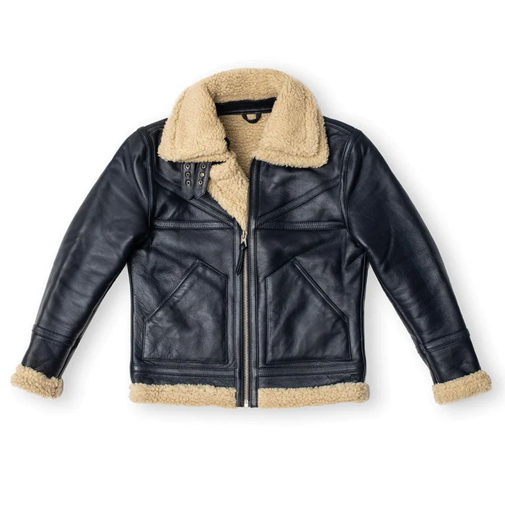 Mens Vintage Black Sheepskin Flight Aviator Shearling Leather Jacket- Men’s black leather shearling aviator jacket – vintage bomber style with shearling collar and genuine sheepskin.