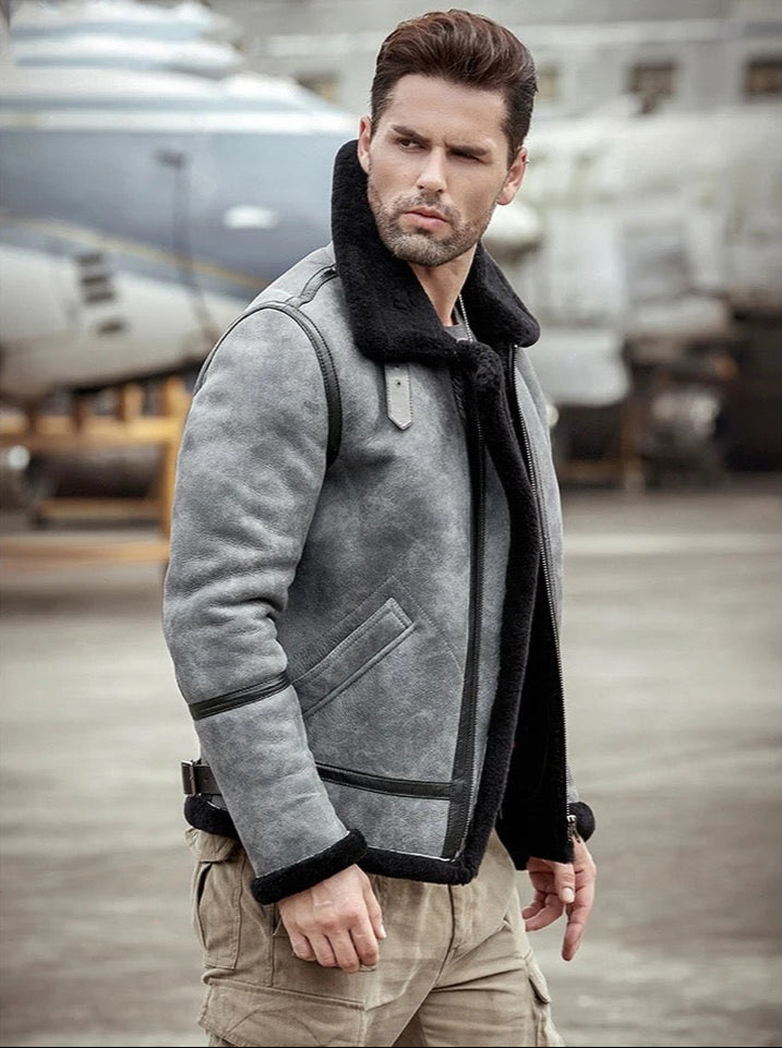 Mens B3 Bomber Aviator Flight Gray Shearling Sheepskin Leather Jacket Coat