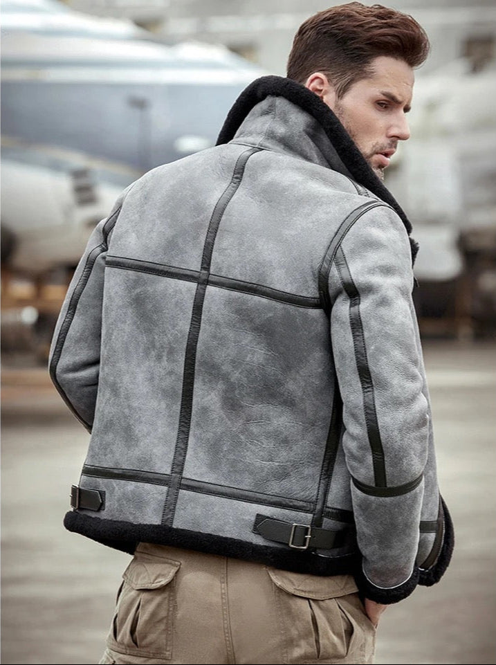 Mens B3 Bomber Aviator Flight Gray Shearling Sheepskin Leather Jacket Coat