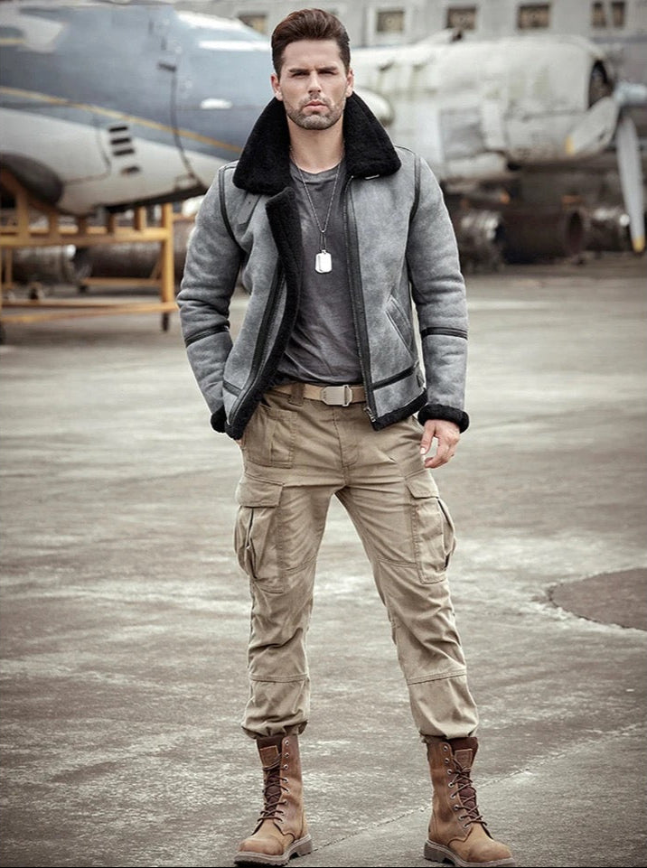 Mens B3 Bomber Aviator Flight Gray Shearling Sheepskin Leather Jacket Coat