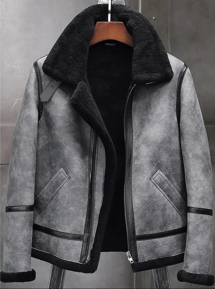 Mens B3 Bomber Aviator Flight Gray Shearling Sheepskin Leather Jacket Coat
