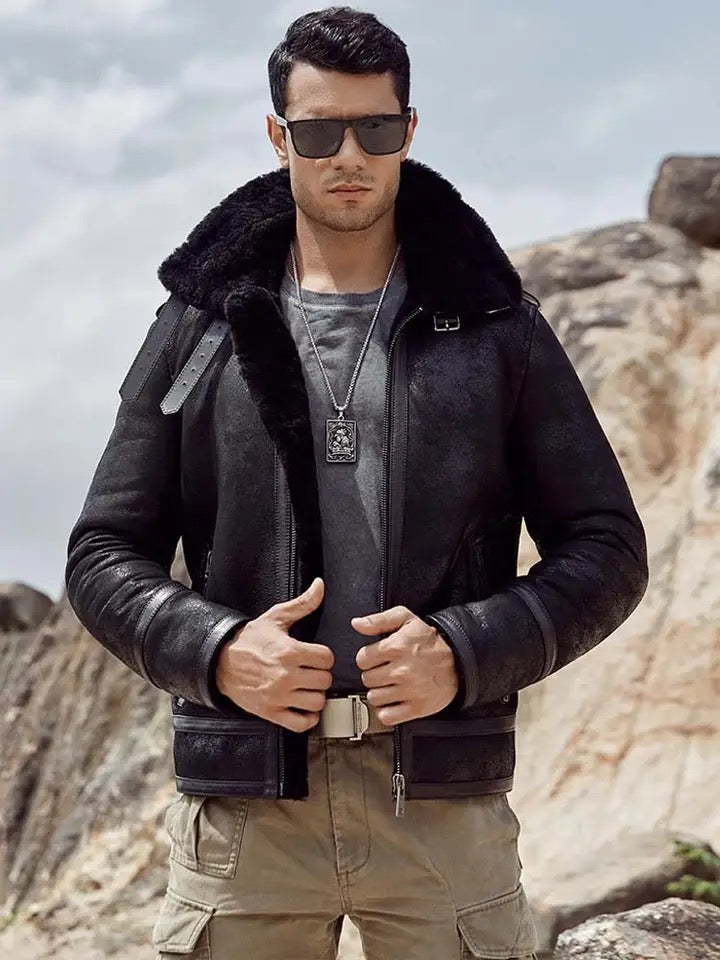 Mens Black Aviator Flight Vintage Sheepskin Shearling B3 Bomber Jacket