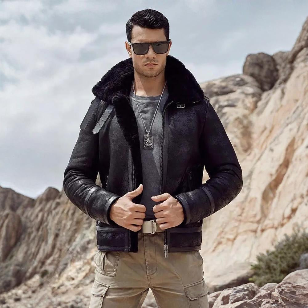 Mens Black Aviator Flight Vintage Sheepskin Shearling B3 Bomber Jacket