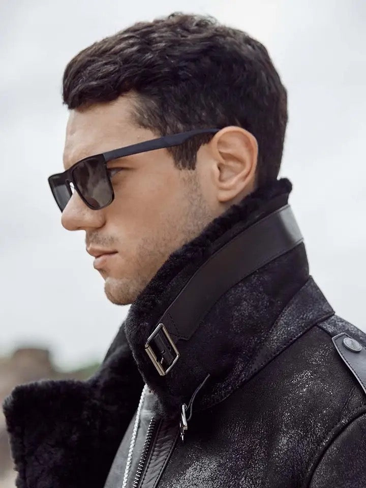 Mens Black Aviator Flight Vintage Sheepskin Shearling B3 Bomber Jacket