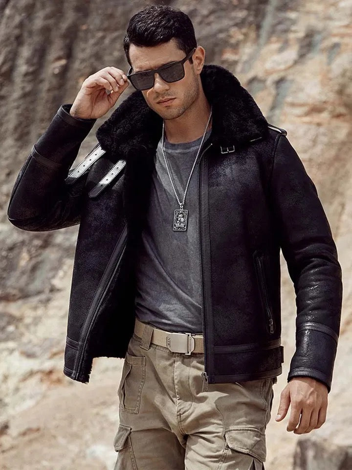 Mens Black Aviator Flight Vintage Sheepskin Shearling B3 Bomber Jacket