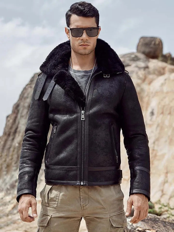 Mens Black Aviator Flight Vintage Sheepskin Shearling B3 Bomber Jacket
