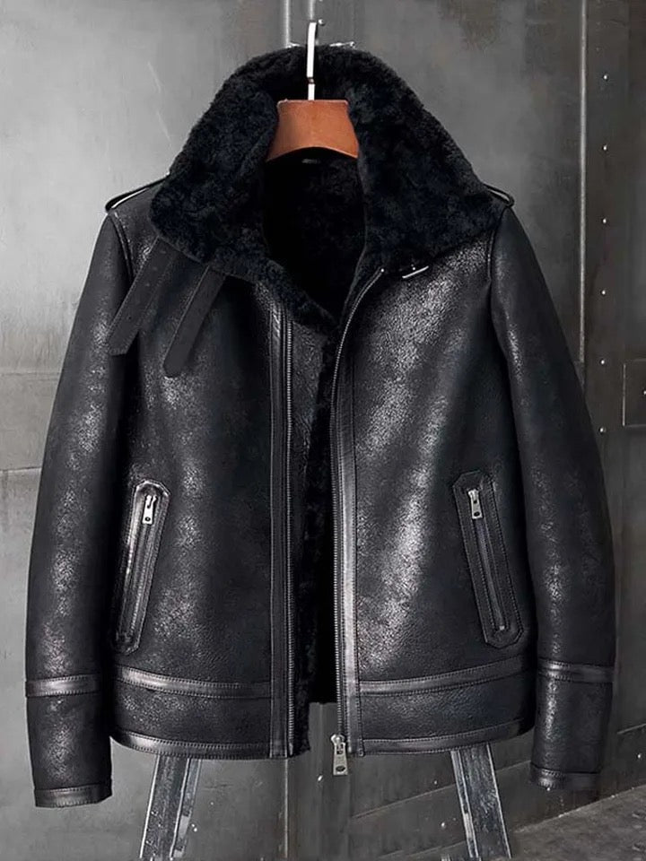 Mens Black Aviator Flight Vintage Sheepskin Shearling B3 Bomber Jacket