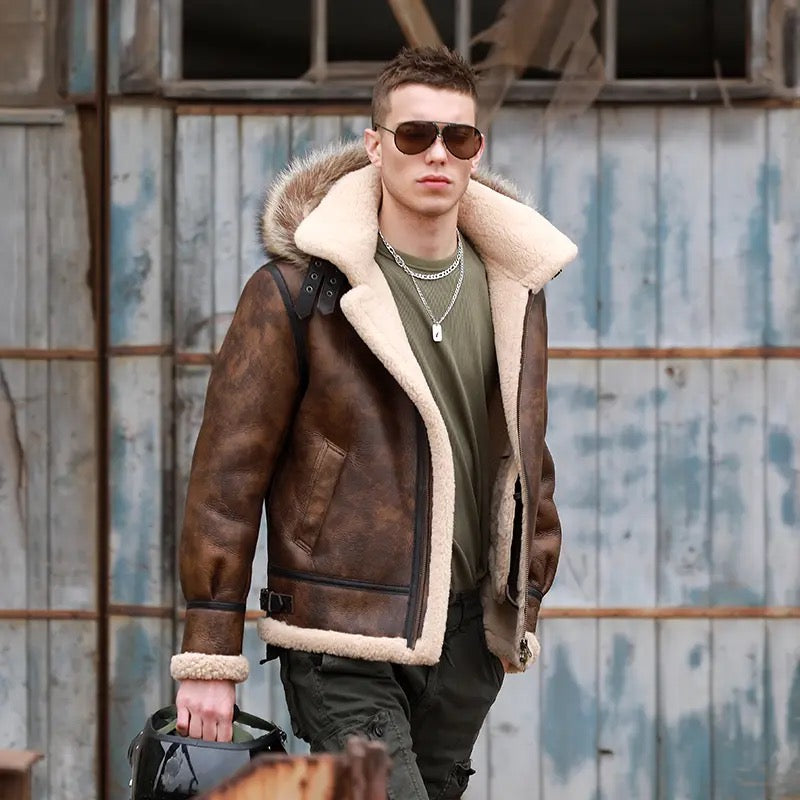 Mens Vintage Brown Flight Aviator Hooded Shearling Sheepskin B3 Bomber Jacket