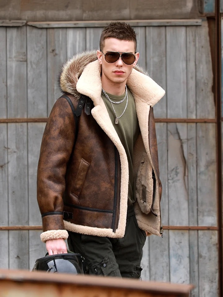 Mens Vintage Brown Flight Aviator Hooded Shearling Sheepskin B3 Bomber Jacket