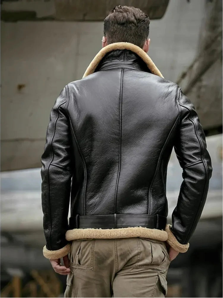 WW2 Aviator Vintage Plight Black Shearling Sheepskin Leather B3 Bomber Jacket Men