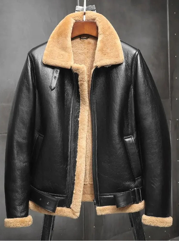 WW2 Aviator Vintage Plight Black Shearling Sheepskin Leather B3 Bomber Jacket Men