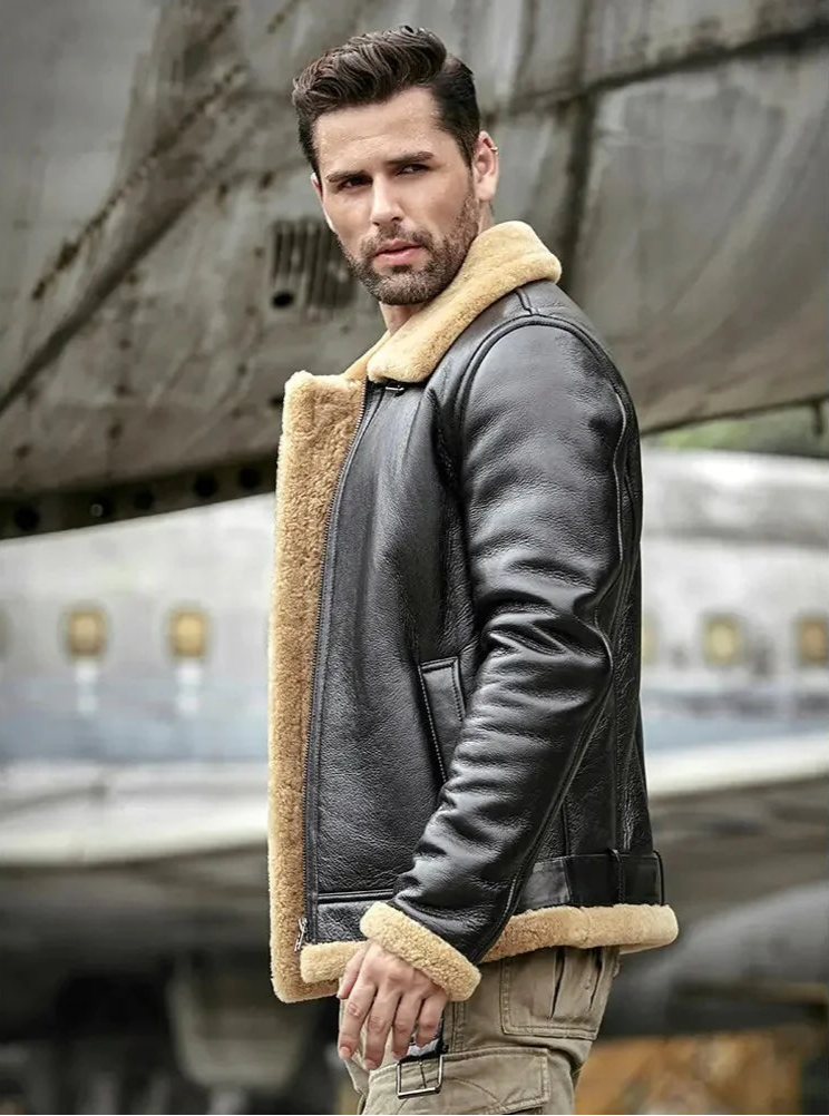 WW2 Aviator Vintage Plight Black Shearling Sheepskin Leather B3 Bomber Jacket Men