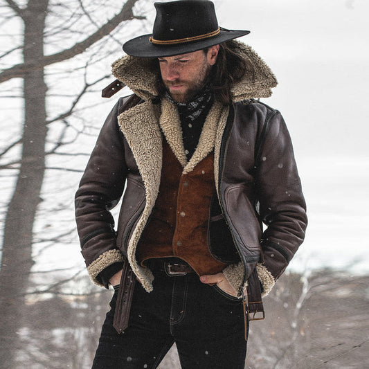 Mens Vintage Cowboy Aviator Bomber Genuine Sheepskin Shearling Brown Leather Jacket-Men’s brown vintage shearling leather aviator jacket – genuine sheepskin bomber with retro style and shearling collar.