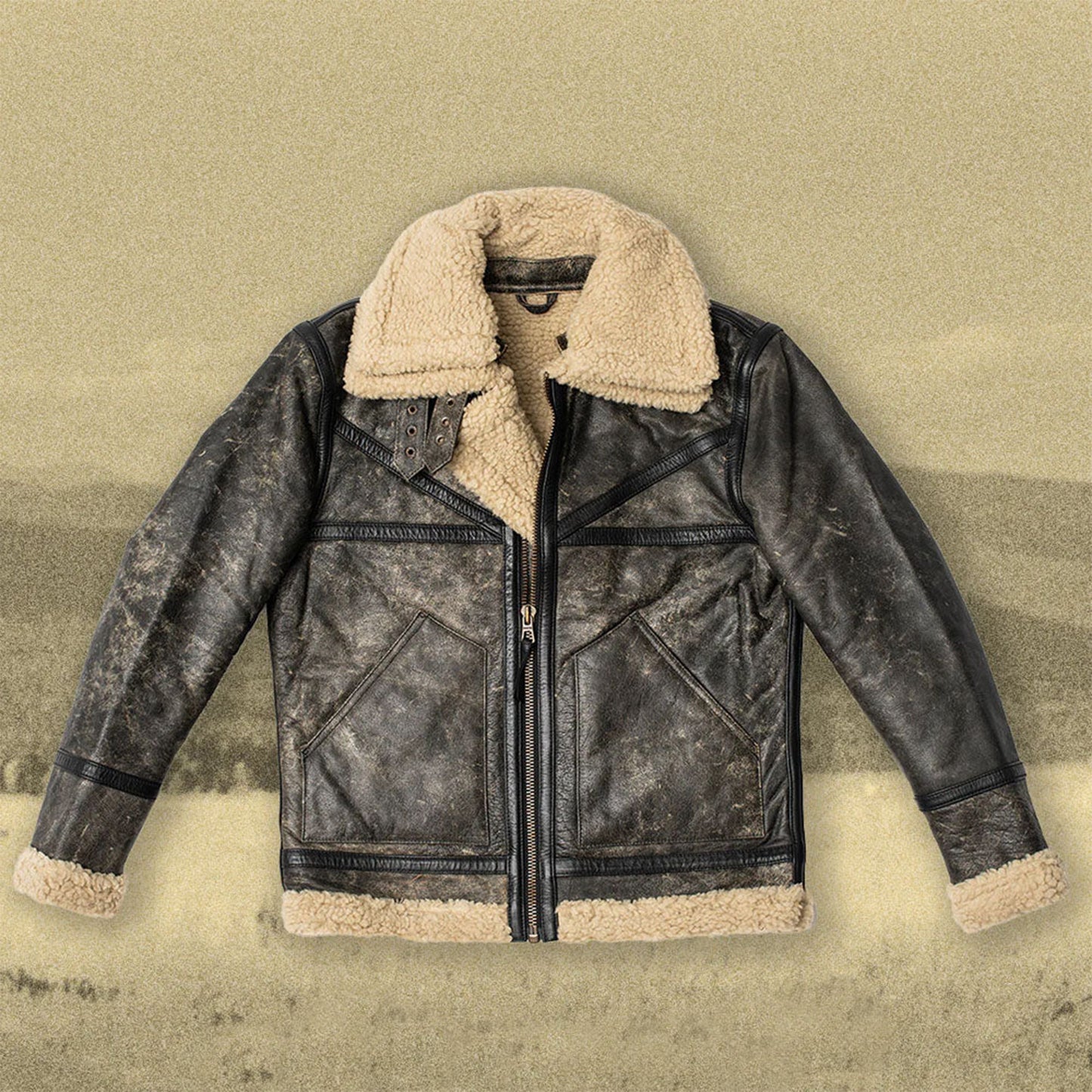 Men's Brown Genuine Leather Shearling Jacket-sheepskin aviator bomber coat, vintage flight jacket style, warm winter outerwear.