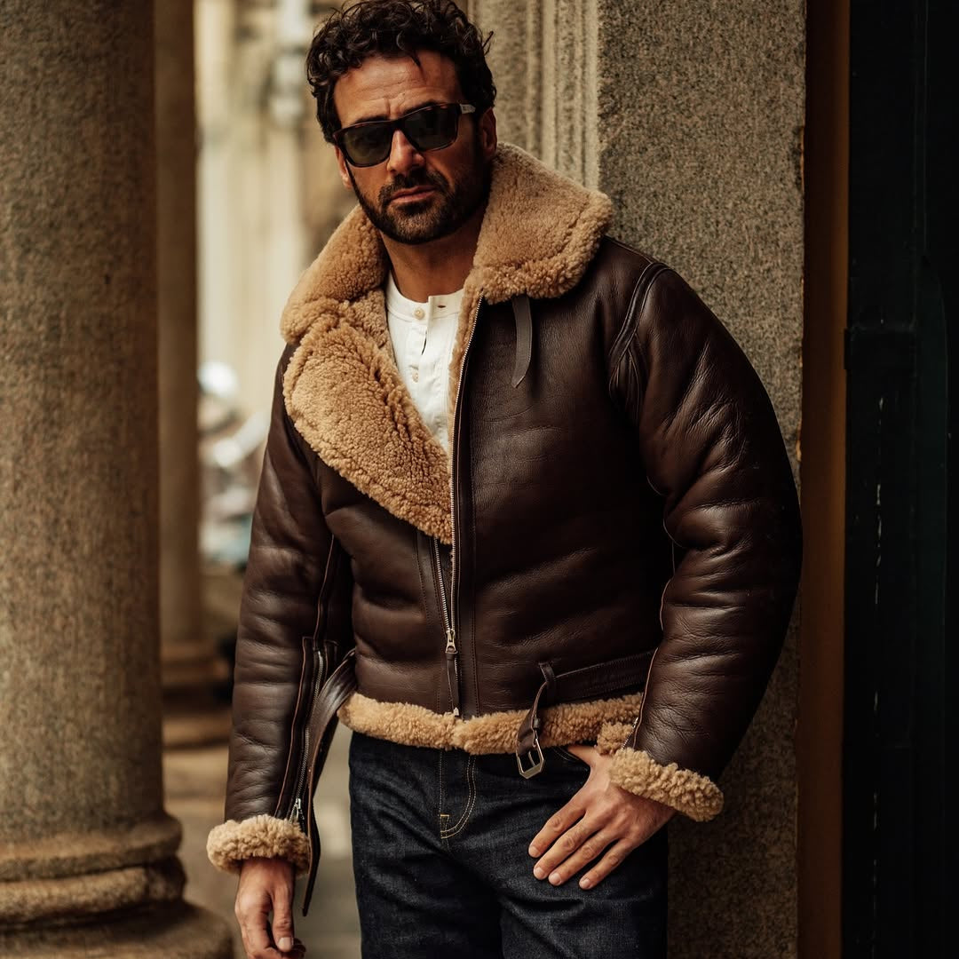 Mens Aviator Flight Vintage Brown Genuine Leather Shearling Jacket-Men’s vintage 70s brown shearling leather jacket – genuine sheepskin aviator bomber with shearling collar and retro flight design.