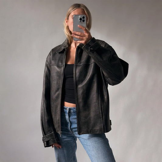 Women Vintage Black Real Sheepskin Oversized Leather Moto Jacket-oversized leather jacket-oversized leather jacket women-oversized  jacket womens-oversized leather jackets-womens oversized leather jacket-women oversized leather jacket-oversized leather jacket for women-oversized leather jackets for women-women's oversized leather jacket-vintage oversized leather jacket-black oversized leather jacket women-black oversized leather jacket-oversized leather jacket vintage-oversized leather jacket for women