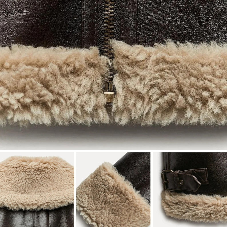 Women Oversized Vintage Dark Brown Shearling Leather Jacket