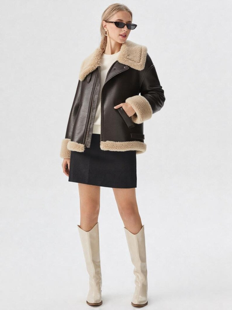 Women Oversized Vintage Dark Brown Shearling Leather Jacket