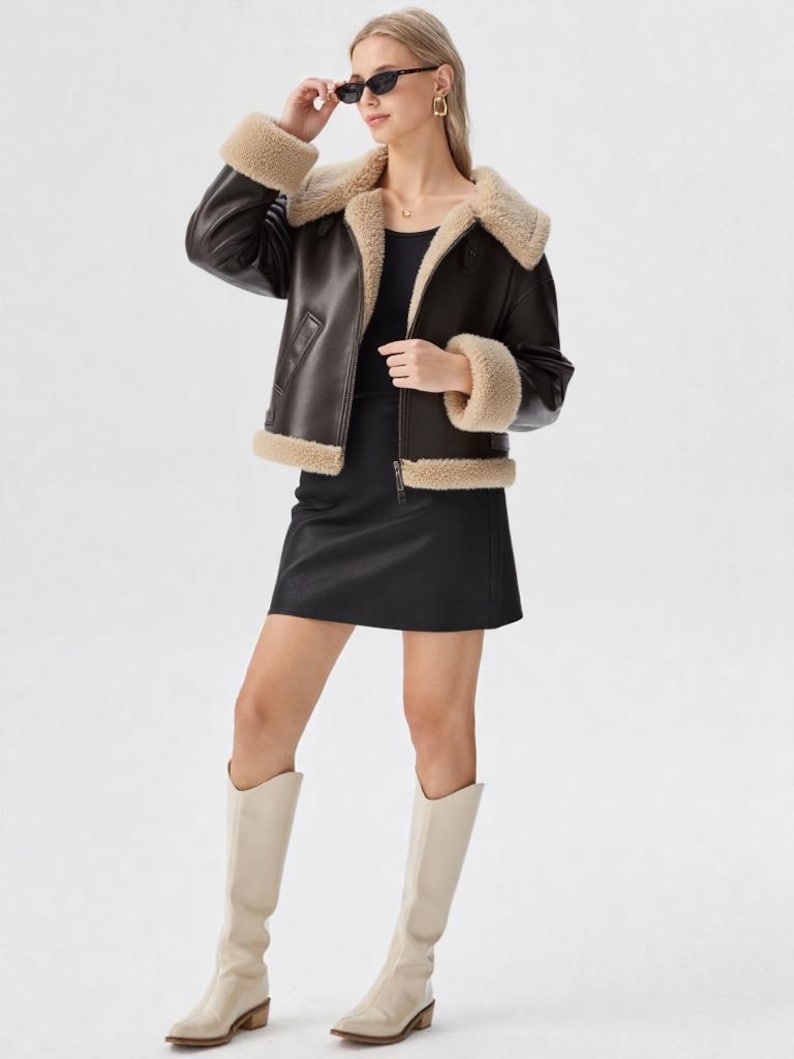Women Oversized Vintage Dark Brown Shearling Leather Jacket