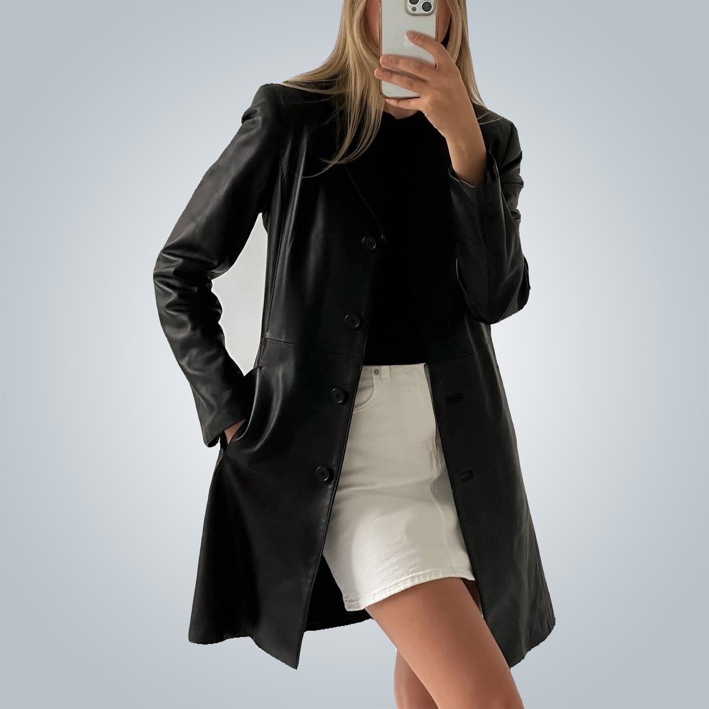 1990s Vintage Handmade Black Real Leather Trench Coat: Classic Long Coat