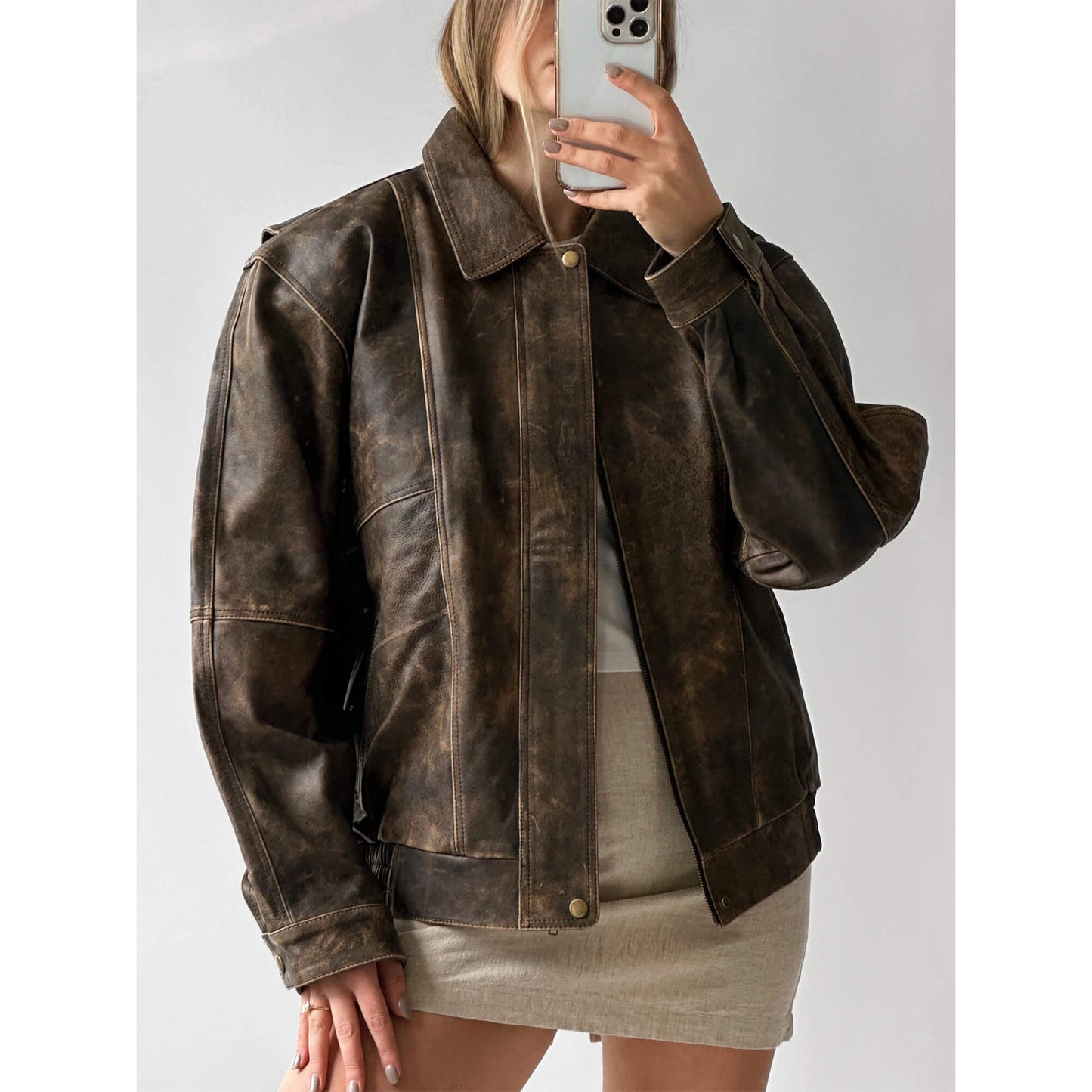 Women's Vintage Oversized Brown Distressed Genuine Leather Jacket