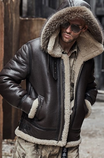 Mens Vintage Aviator Flight Sheepskin Brown Genuine Leather Shearling Jacket With Hood