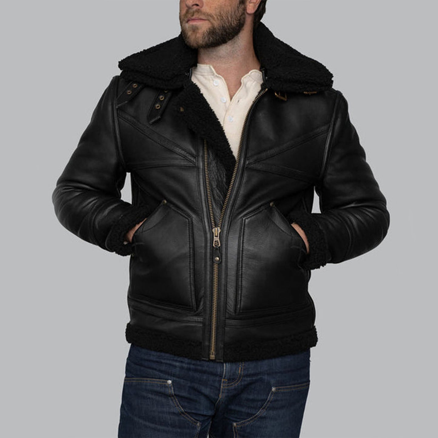 Mens Aviator Black Sheepskin Shearling Leather Cowboy Vintage Western Jacket-Men’s black shearling leather aviator jacket – vintage western bomber with sheepskin lining, cowboy style and shearling collar.