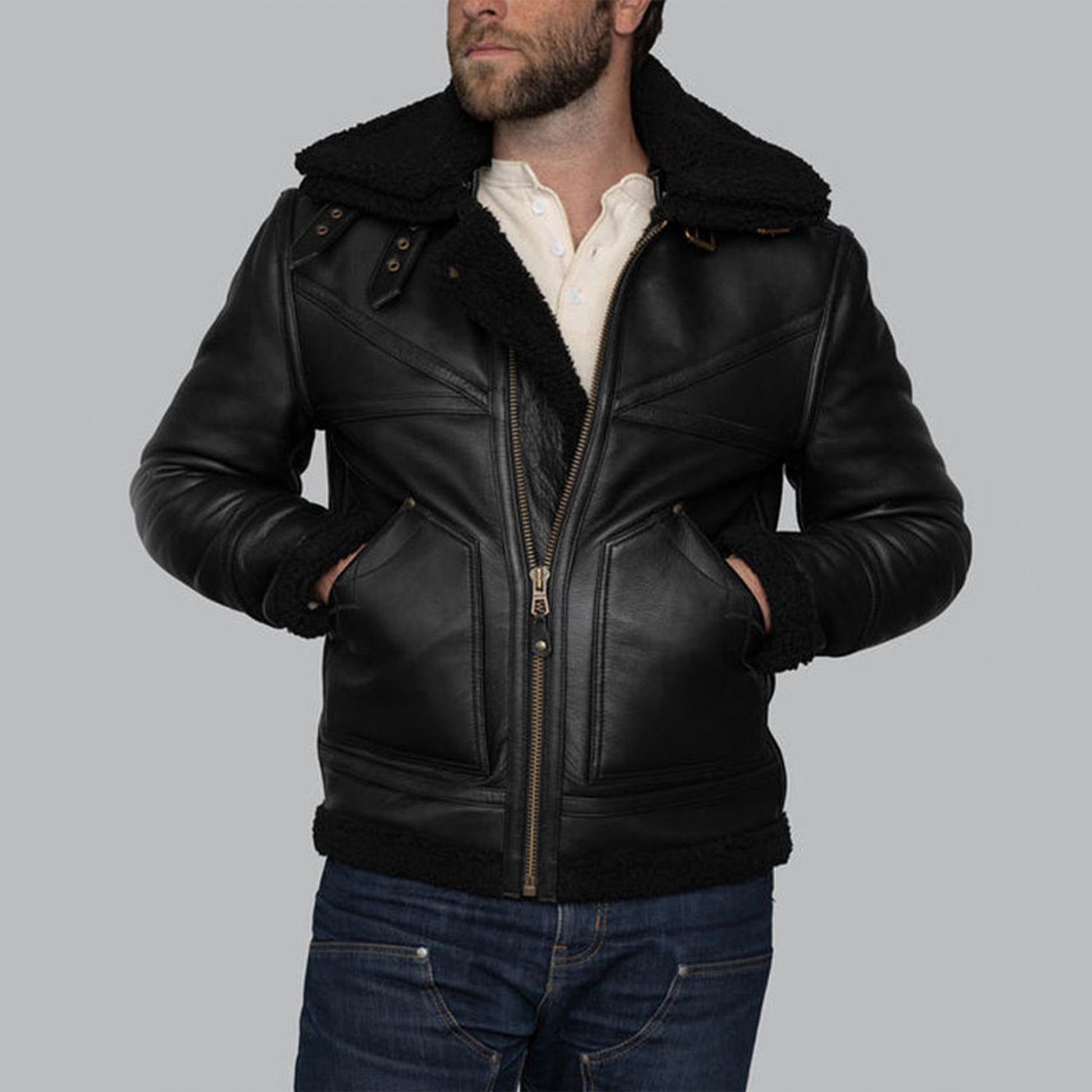 Mens Aviator Black Sheepskin Shearling Leather Cowboy Vintage Western Jacket-Men’s black shearling leather aviator jacket – vintage western bomber with sheepskin lining, cowboy style and shearling collar.