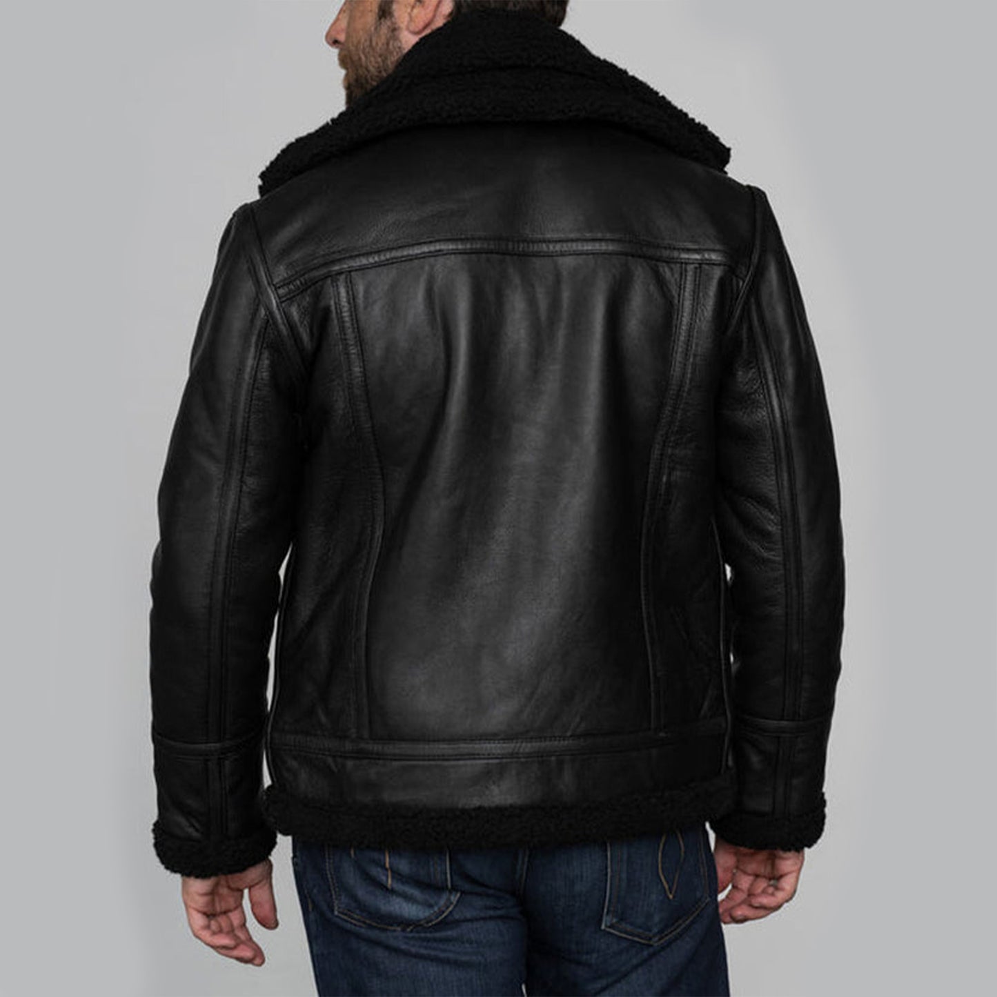 Mens Aviator Black Sheepskin Shearling Leather Cowboy Vintage Western Jacket-Men’s black shearling leather aviator jacket – vintage western bomber with sheepskin lining, cowboy style and shearling collar.