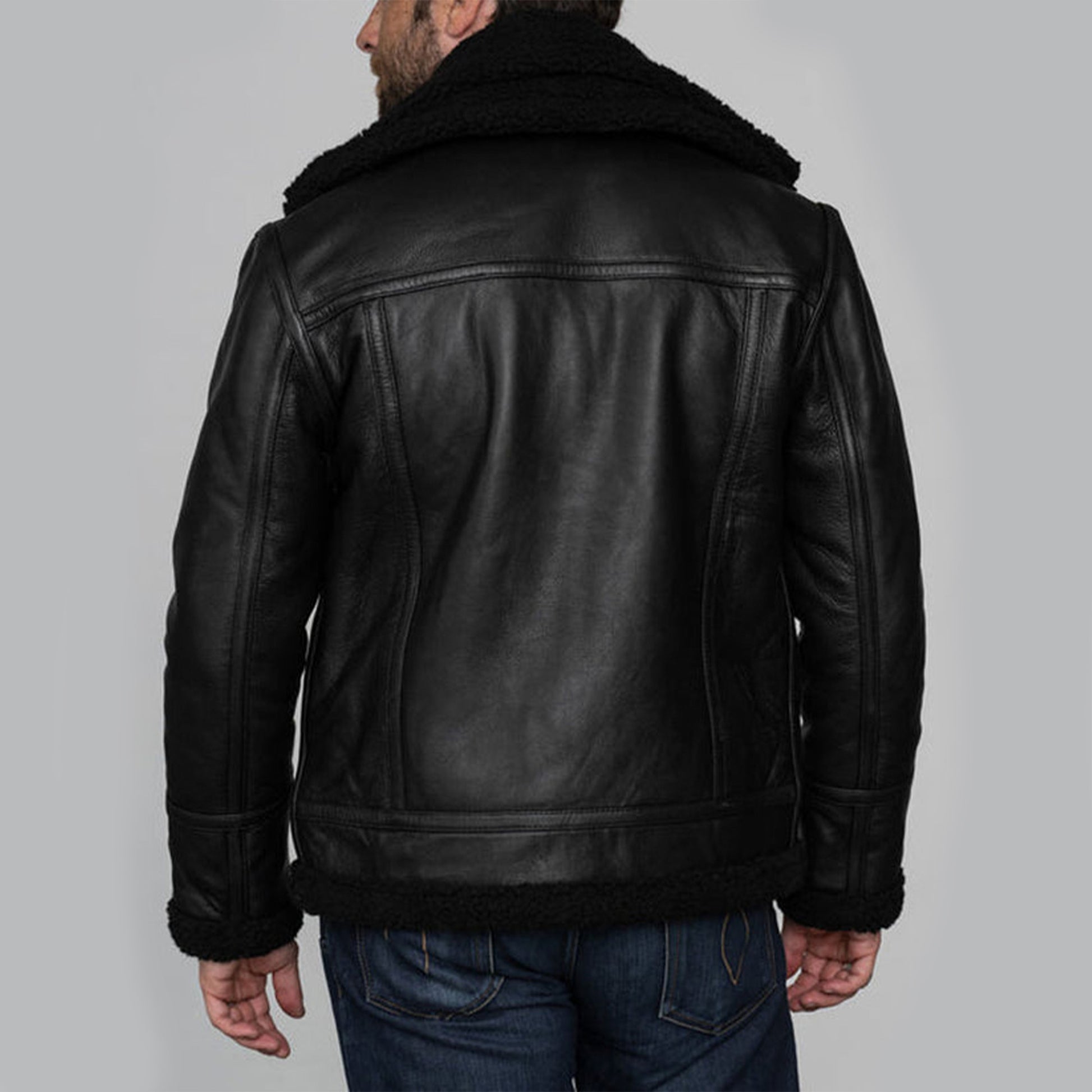 Mens Aviator Black Sheepskin Shearling Leather Cowboy Vintage Western Jacket-Men’s black shearling leather aviator jacket – vintage western bomber with sheepskin lining, cowboy style and shearling collar.