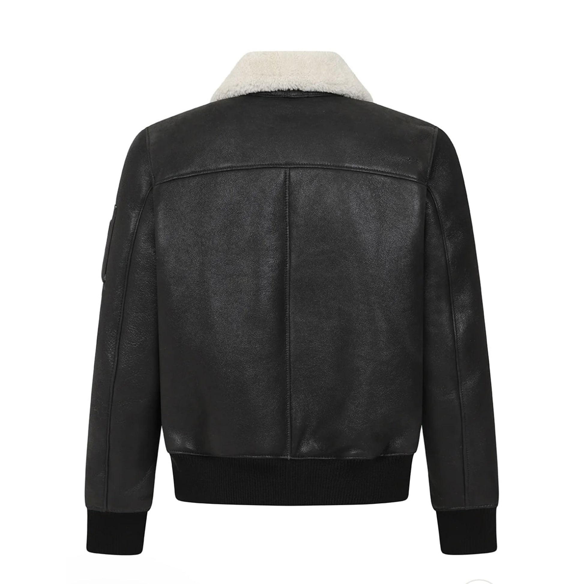 Mens Vintage Aviator Black Sheepskin Shearling Bomber Leather Jacket-Men’s shearling leather jacket – vintage black or white aviator, bomber, or moto style with genuine sheepskin lining for winter.