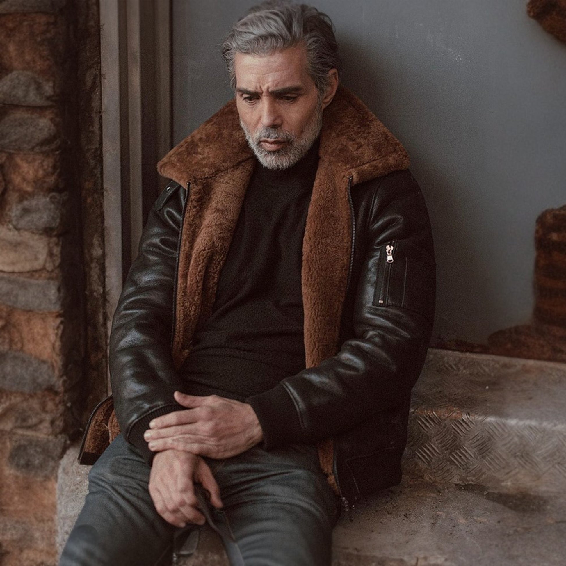 Mens Vintage Black Aviator Bomber Sheepskin Shearling Leather Jacket​-Black leather shearling jacket for men – vintage aviator, bomber, or moto style with genuine sheepskin and shearling collar.