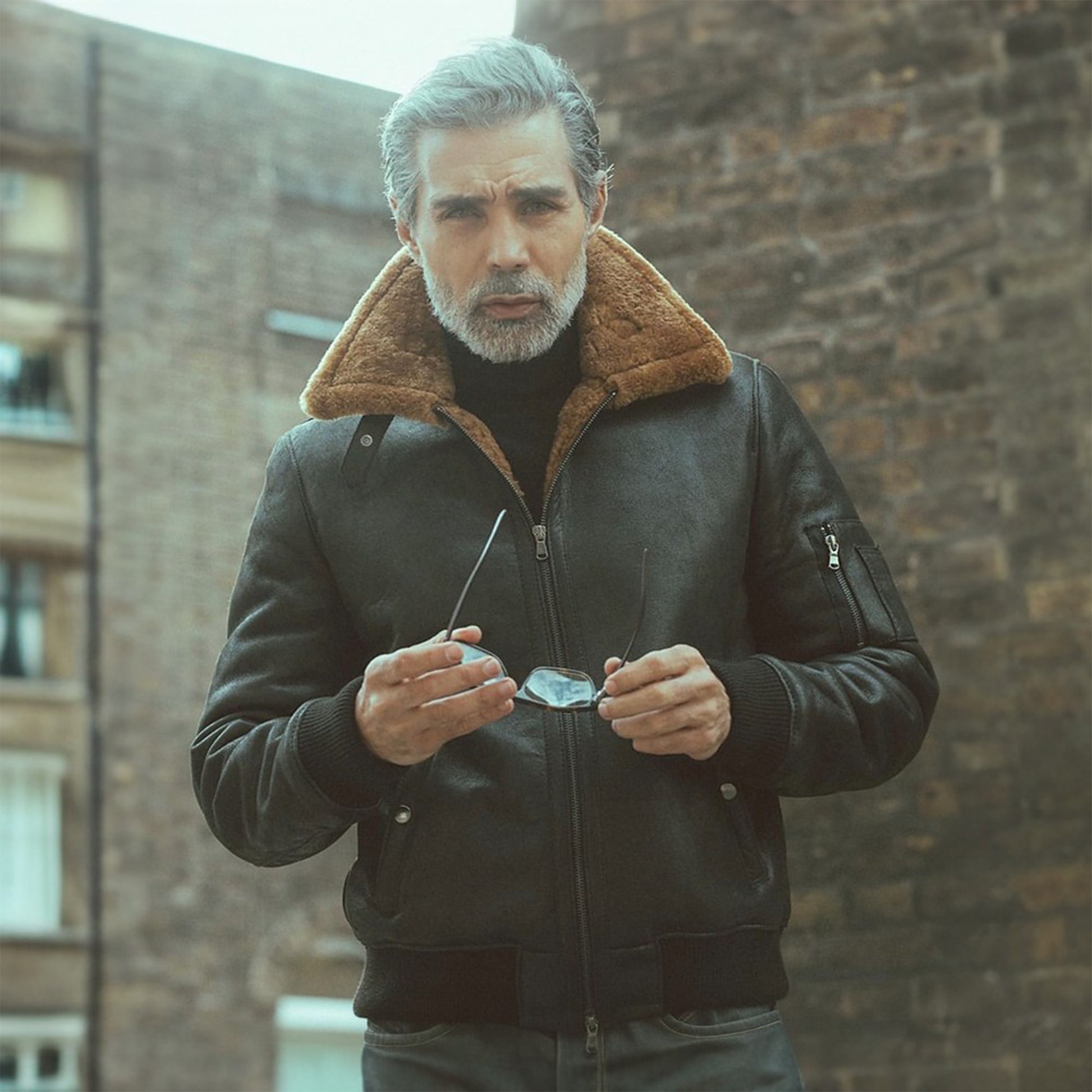 Mens Vintage Black Aviator Bomber Sheepskin Shearling Leather Jacket​-Black leather shearling jacket for men – vintage aviator, bomber, or moto style with genuine sheepskin and shearling collar.