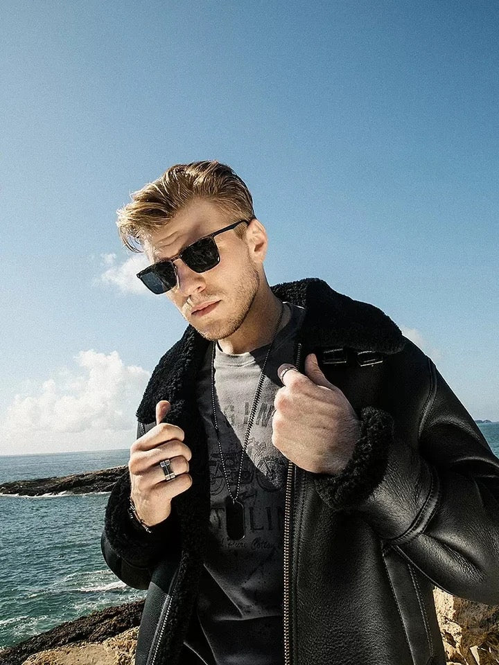Mens​ Black Vintage Aviator Sheepskin Leather Bomber Shearling Flying Jacket-Men’s black shearling leather aviator jacket – vintage bomber with sheepskin lining, shearling collar, and retro flight style.
