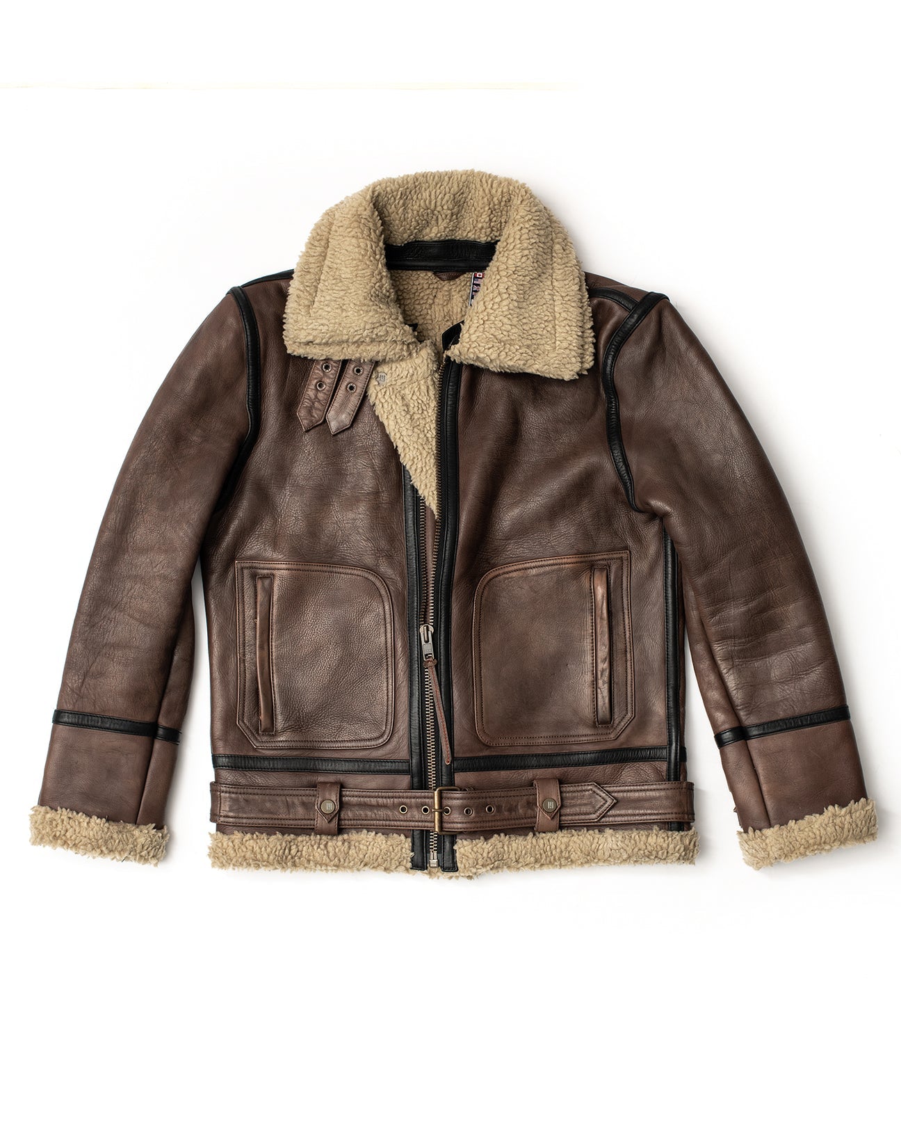 Mens​ Vintage Cowboy Aviator Bomber Genuine Sheepskin Shearling Brown Leather Jacket-Men’s brown vintage shearling leather aviator jacket – genuine sheepskin bomber with retro style and shearling collar.