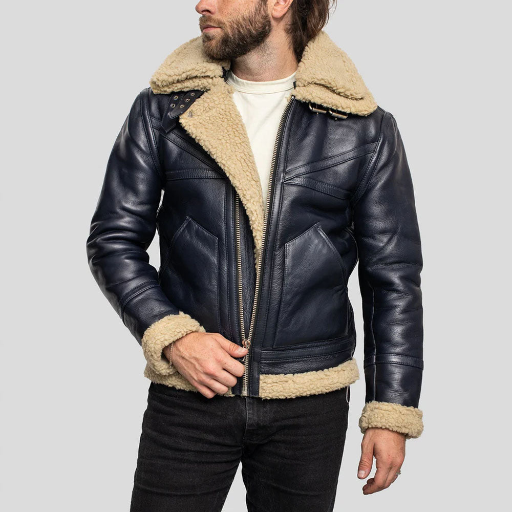 Mens Vintage Black Sheepskin Flight Aviator Shearling Leather Jacket- Men’s black leather shearling aviator jacket – vintage bomber style with shearling collar and genuine sheepskin.