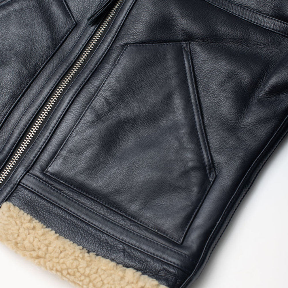 Mens Vintage Black Sheepskin Flight Aviator Shearling Leather Jacket- Men’s black leather shearling aviator jacket – vintage bomber style with shearling collar and genuine sheepskin.