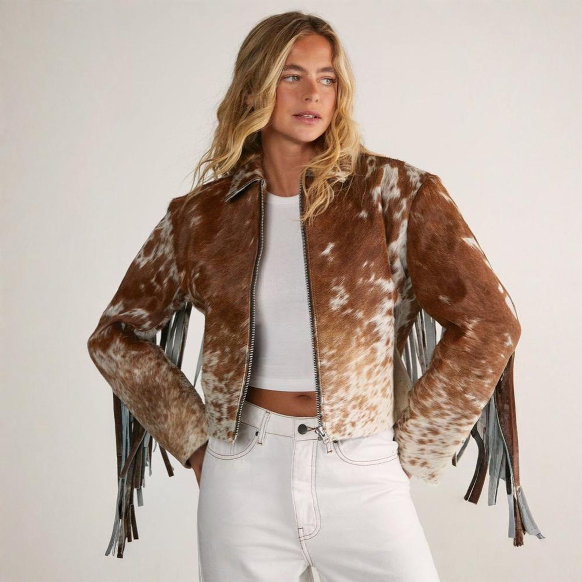 Women Western Cowgirl Full Grain Cowhide Cow Skin Leather Jacket​ with Fringe​