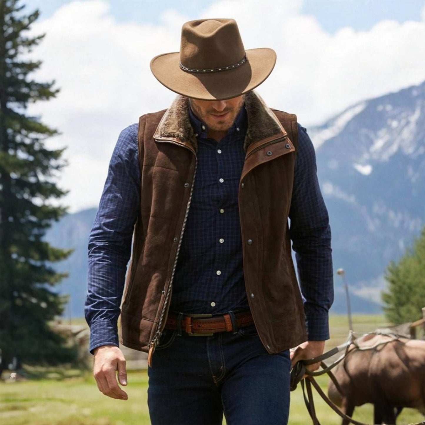 Men's Cowboy Real Suede Brown Shearling Leather Vest: 90s Western Vintage Style