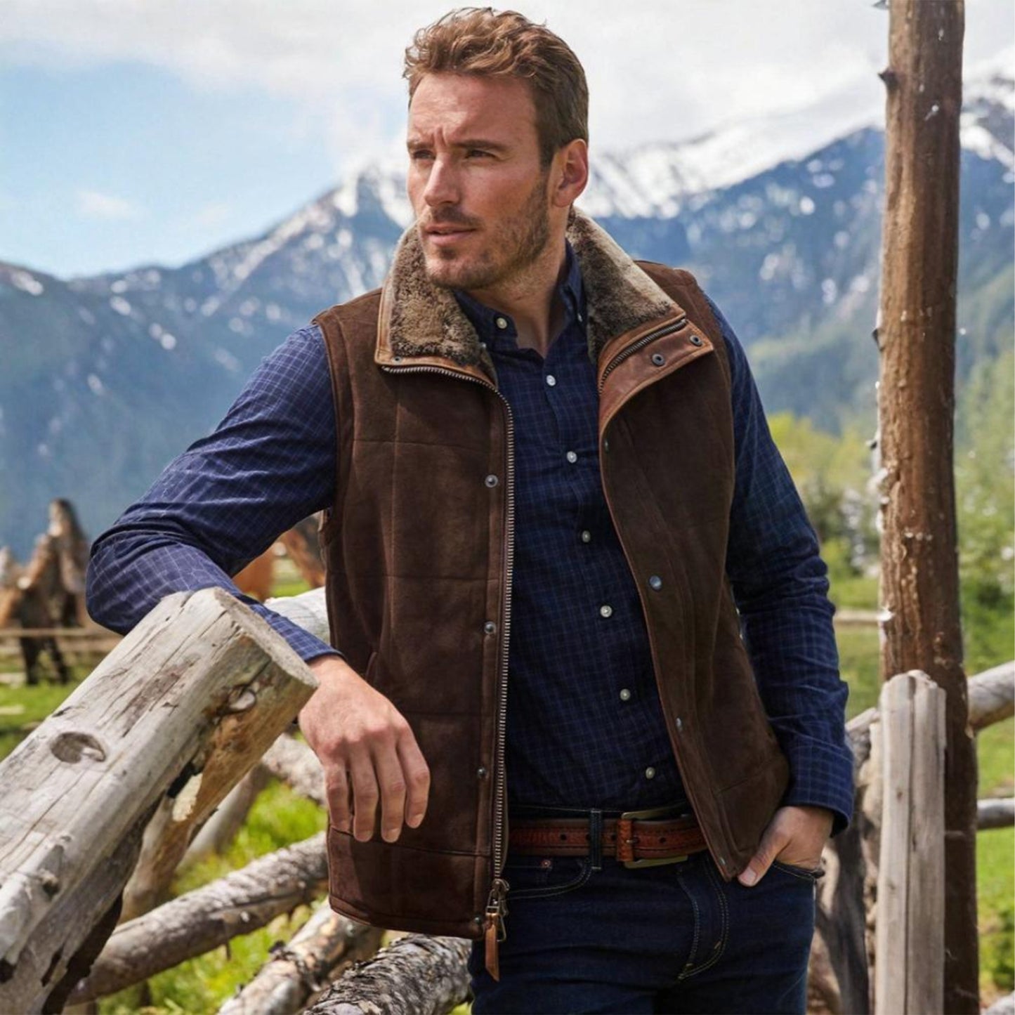 Men's Cowboy Real Suede Brown Shearling Leather Vest: 90s Western Vintage Style