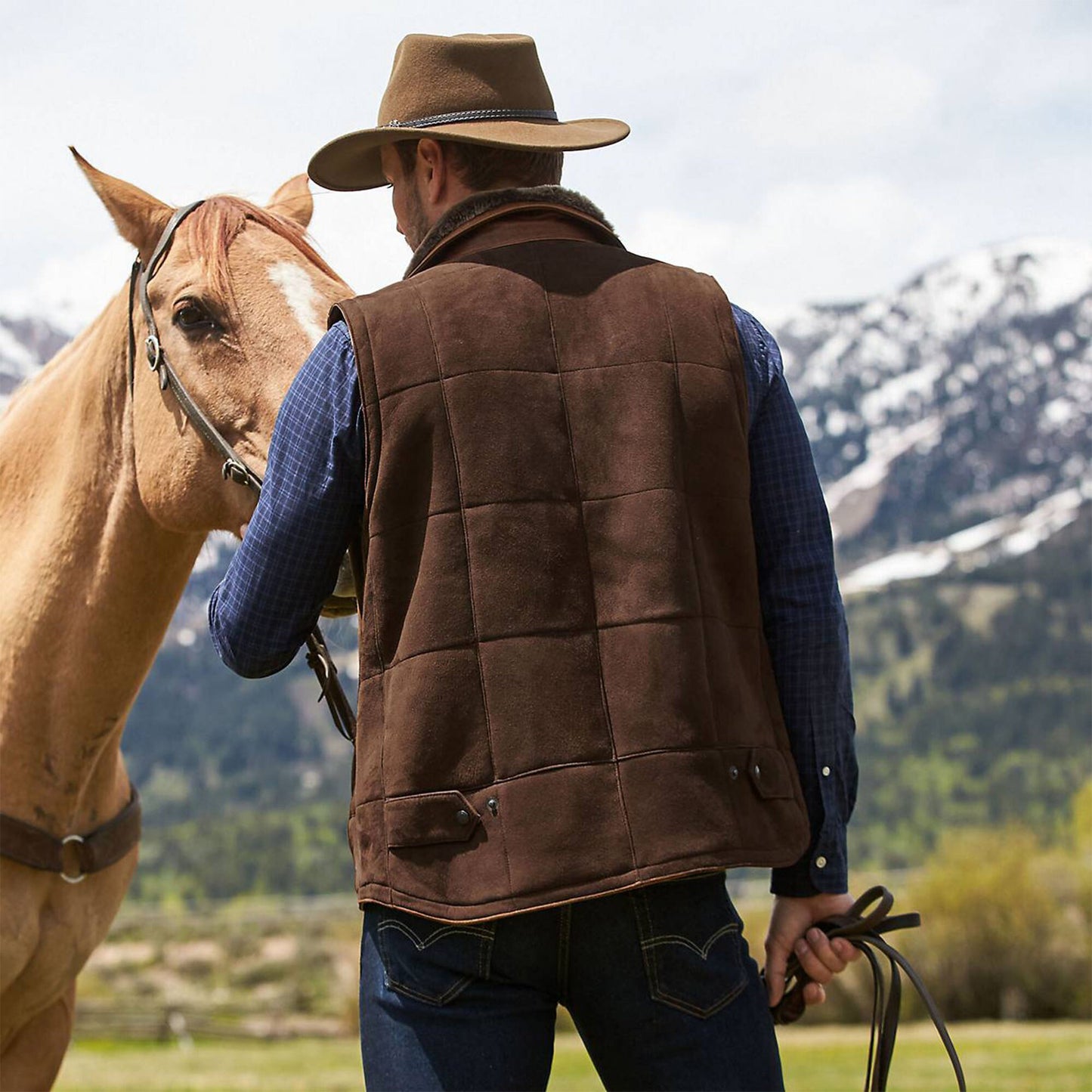 Men's Cowboy Real Suede Brown Shearling Leather Vest: 90s Western Vintage Style