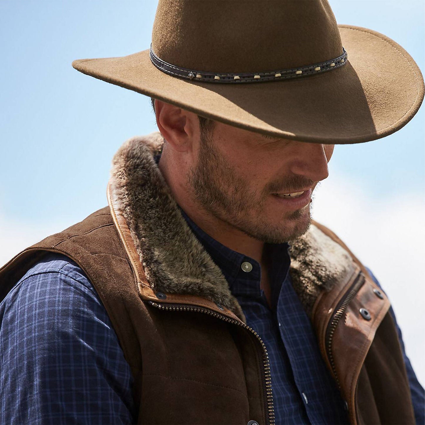 Men's Cowboy Real Suede Brown Shearling Leather Vest: 90s Western Vintage Style