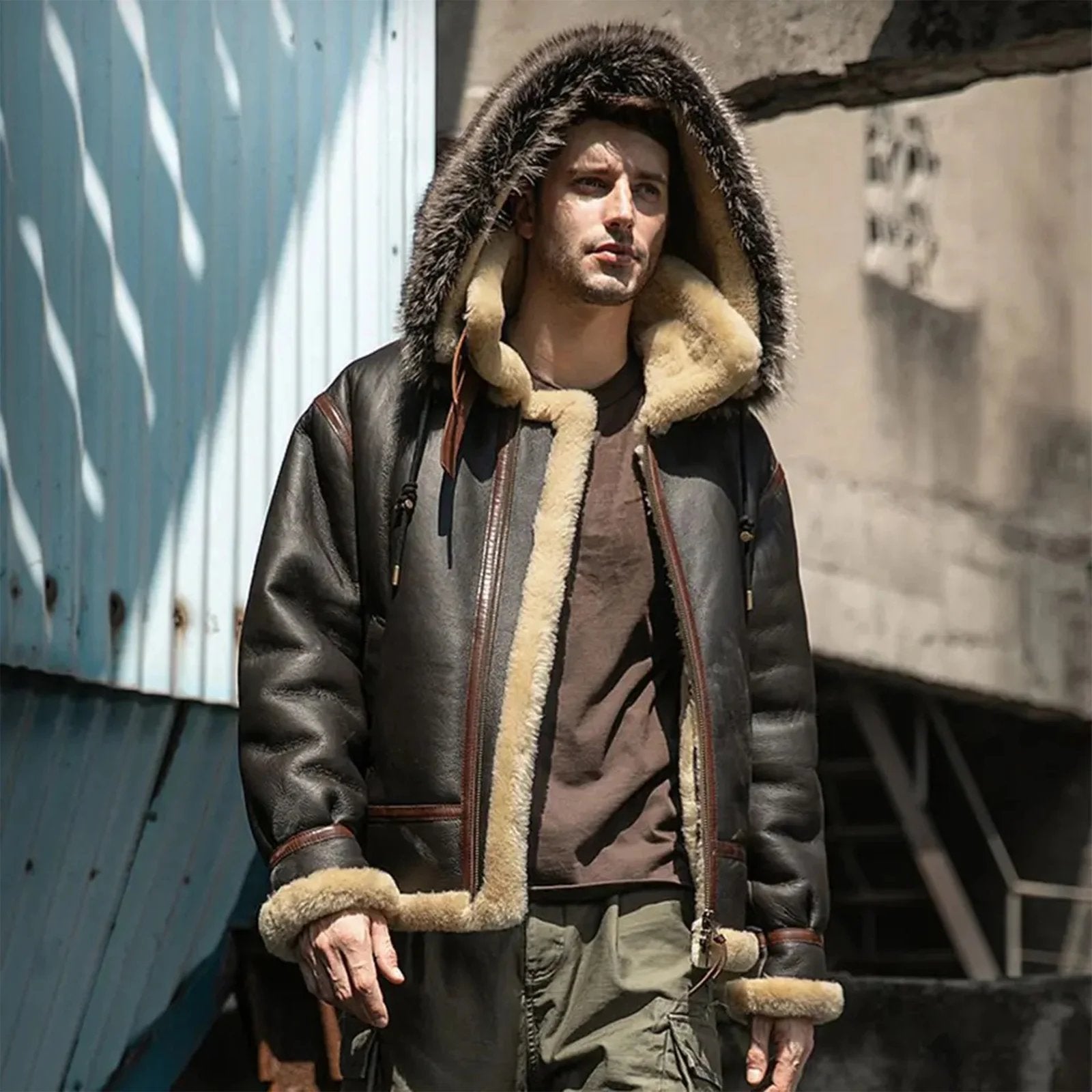 Mens Brown Sheepskin Hooded B3 Bomber Shearling Leather Jacket-WW2-style B3 bomber jacket for men – genuine sheepskin leather, vintage RAF aviator design with warm shearling lining.