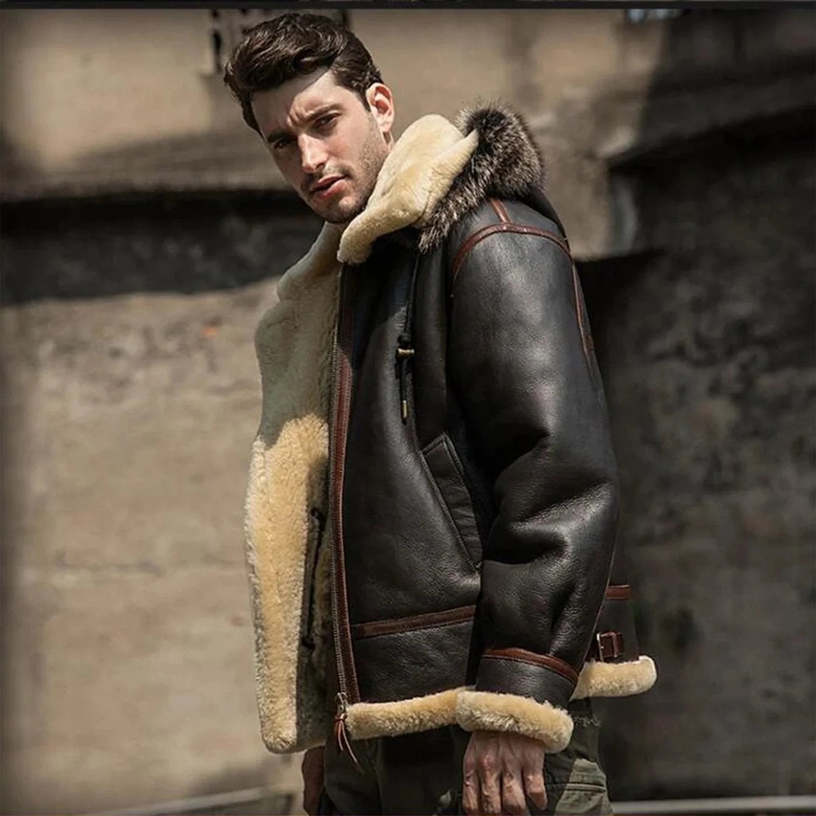 Mens Brown Sheepskin Hooded B3 Bomber Shearling Leather Jacket-WW2-style B3 bomber jacket for men – genuine sheepskin leather, vintage RAF aviator design with warm shearling lining.